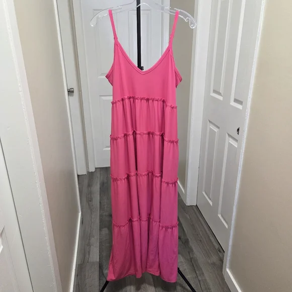 Zenana Hot Pink Tiered Maxi Dress Boho Flowy Sleeveless Spaghetti Strap Summer - Picture 2 of 9